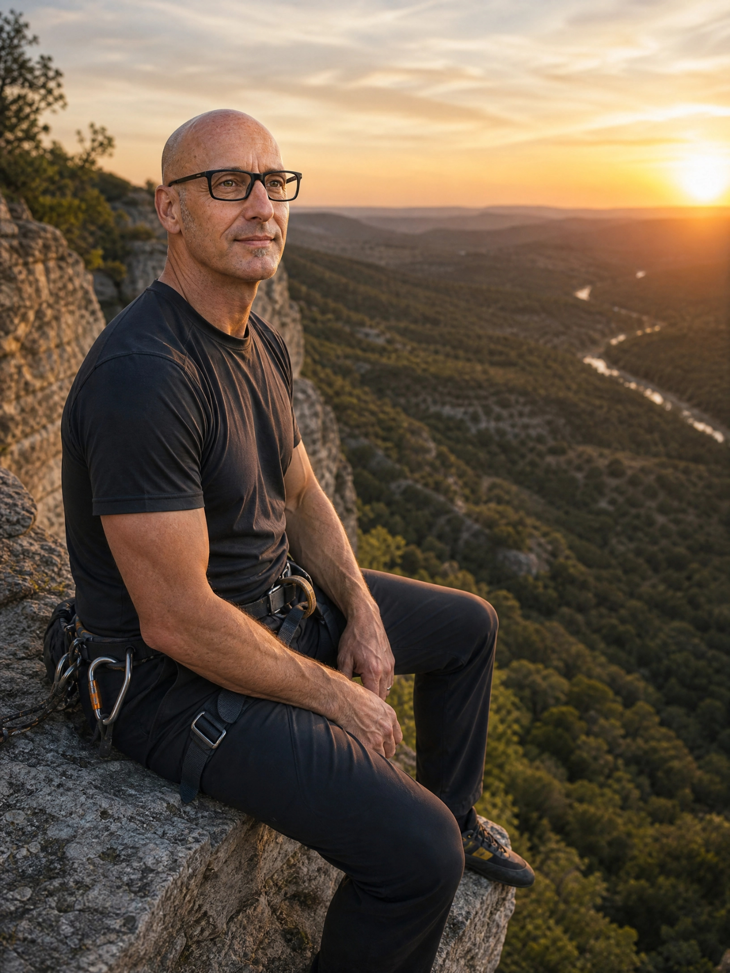 Brett Thomas seated on a limestone cliff at sunset, valley below
