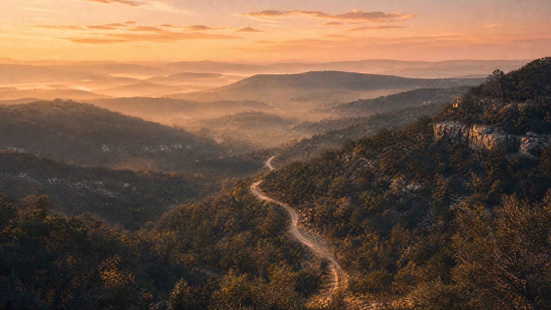 Aerial view of a foggy Hill Country valley at golden hour