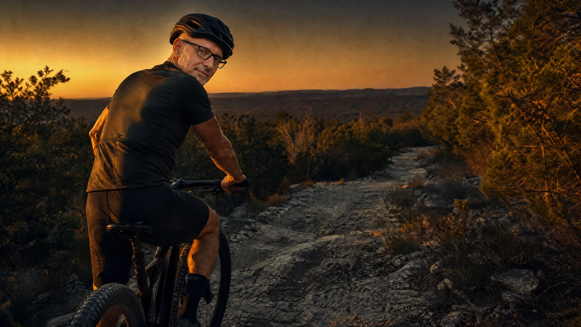 Brett Thomas riding a mountain bike trail at sunset in the Texas Hill Country