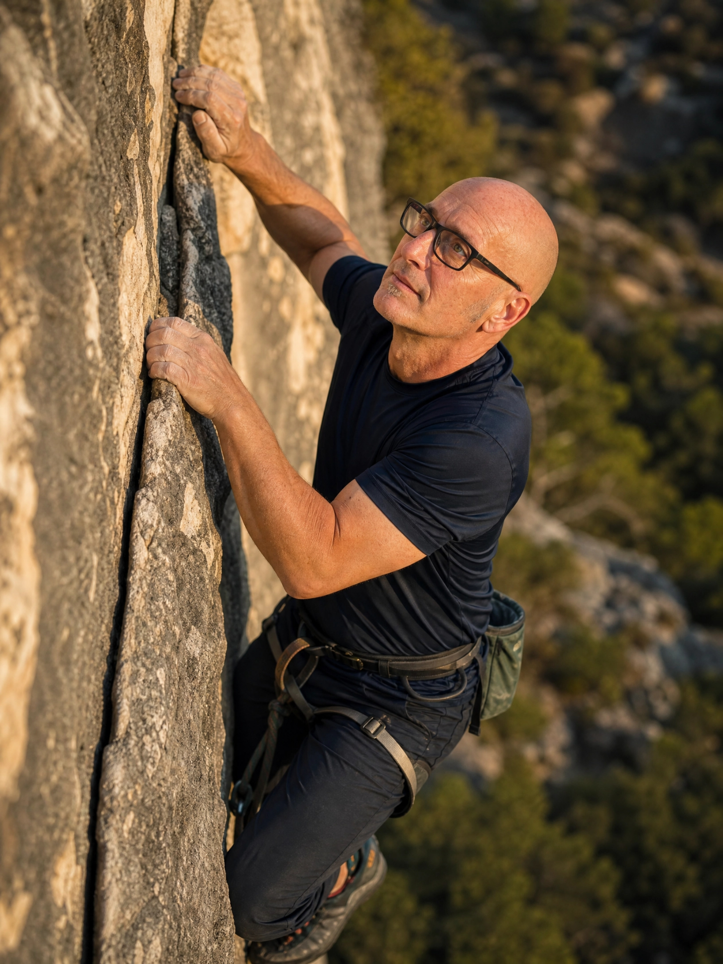 Brett Thomas climbing a limestone face at golden hour