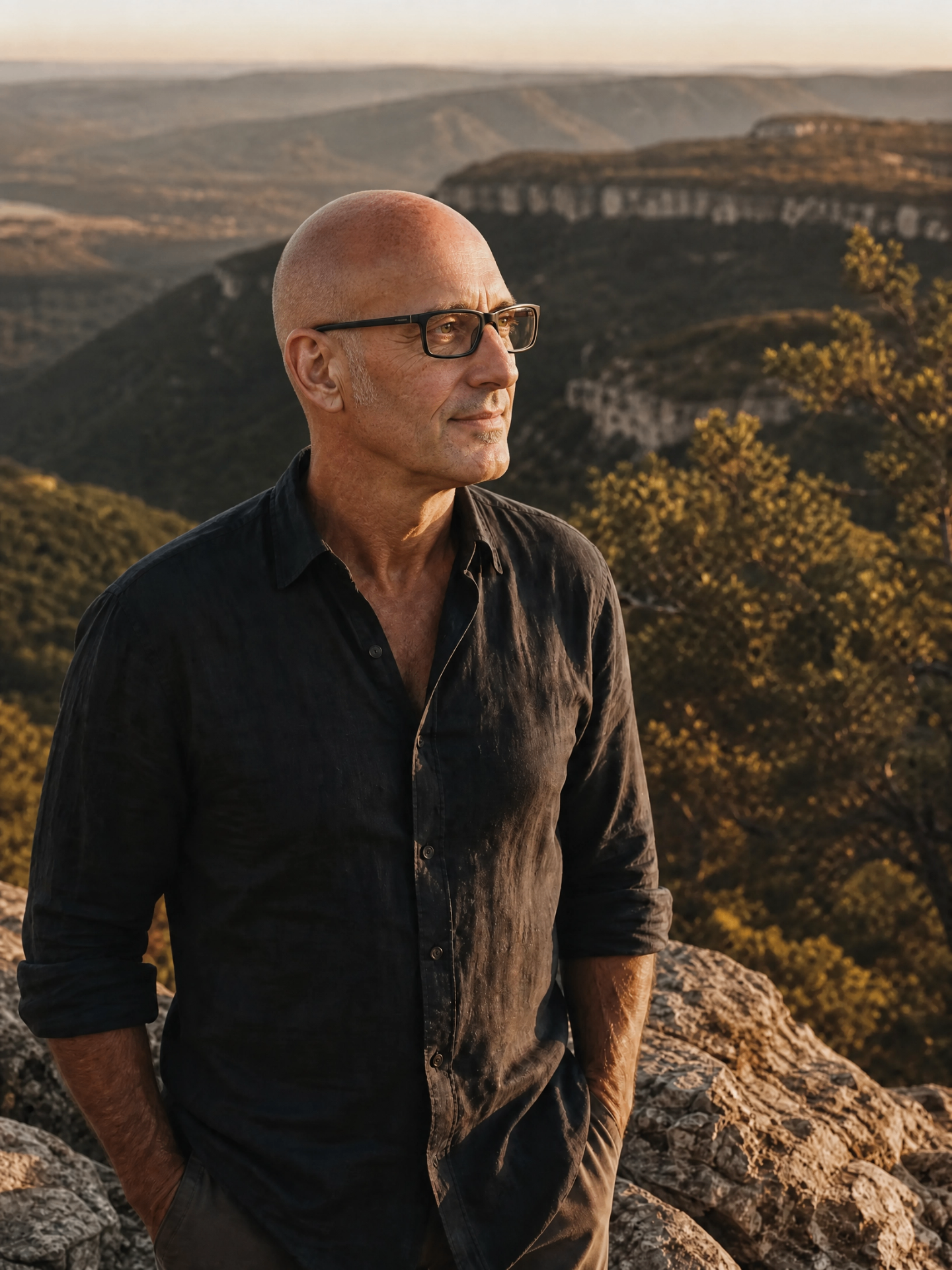 Brett Thomas at a Hill Country overlook at golden hour
