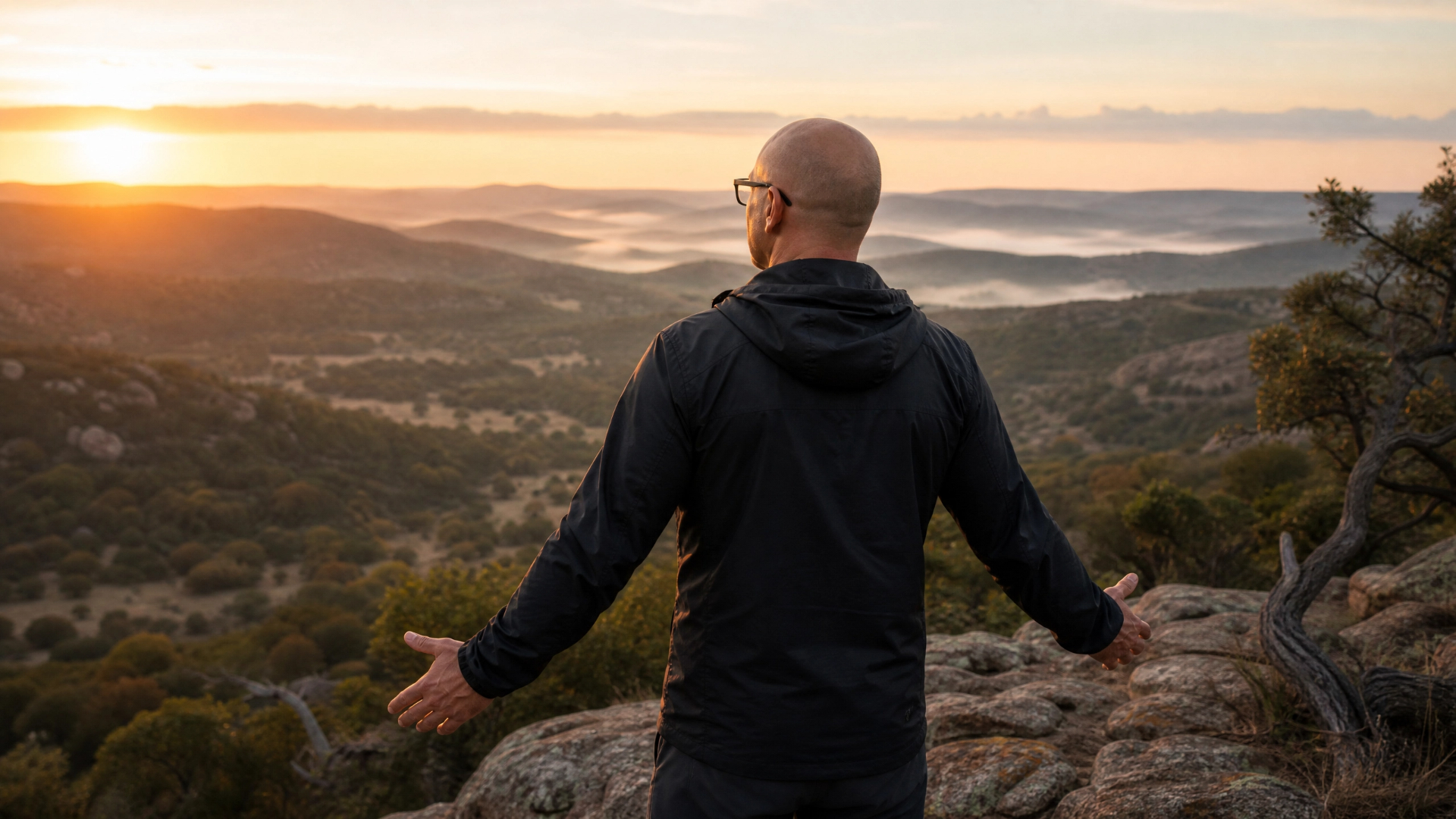 Brett Thomas overlooking a foggy Hill Country valley at sunrise