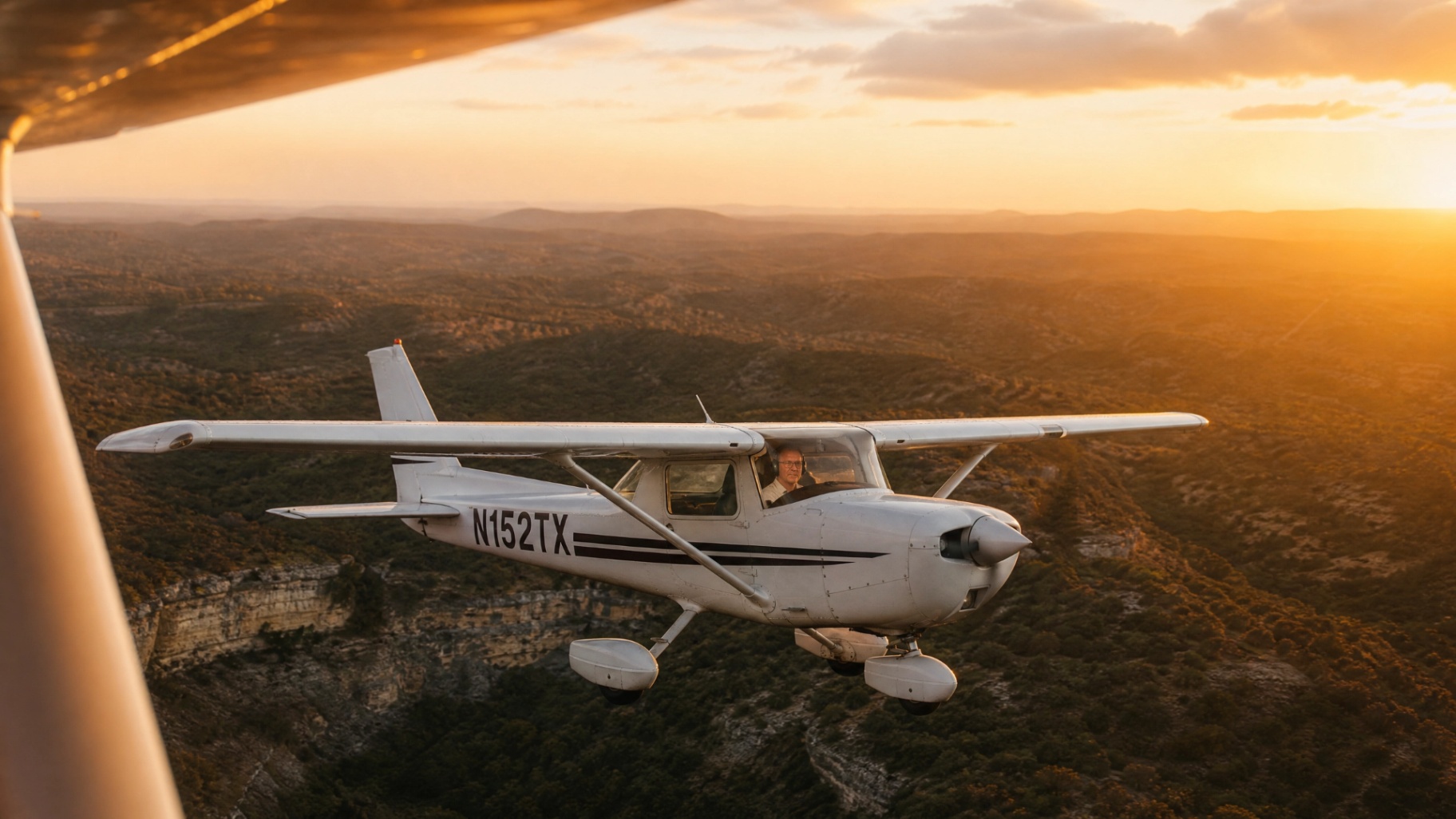 Cessna banking over the Texas Hill Country at sunset
